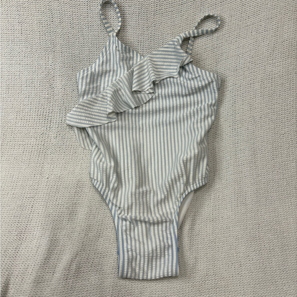 Ruffle Butts Striped Blue and White Swimsuit Top and Old Navy One Piece - Picture 5 of 8